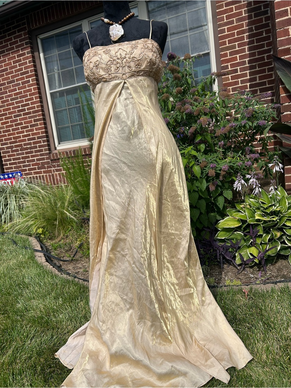 VTG Eureka Metallic Gold Flyaway Maxi Gown - Made in USA